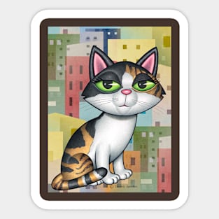 Cute calico kitty cat on cityscape with buildings Sticker